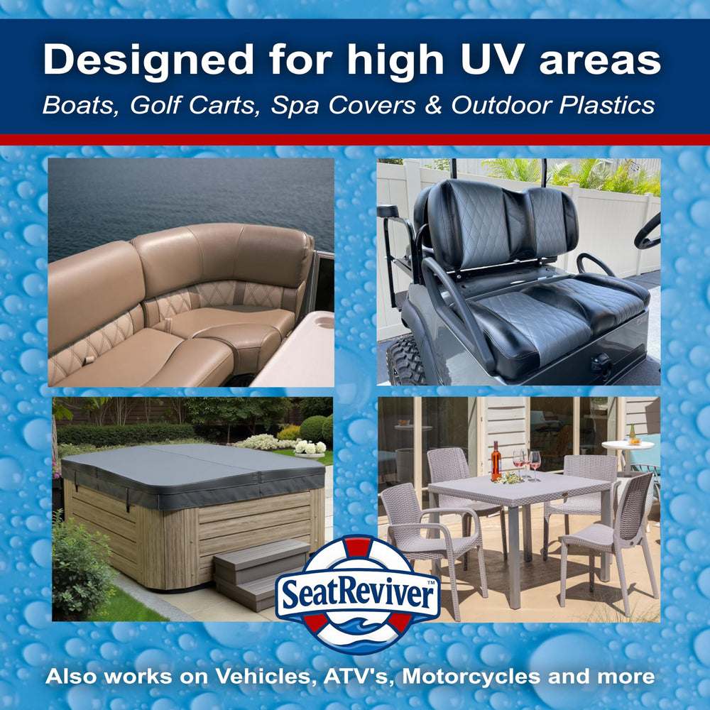 Seat Reviver applied on boat seat showing UV protection and low sheen