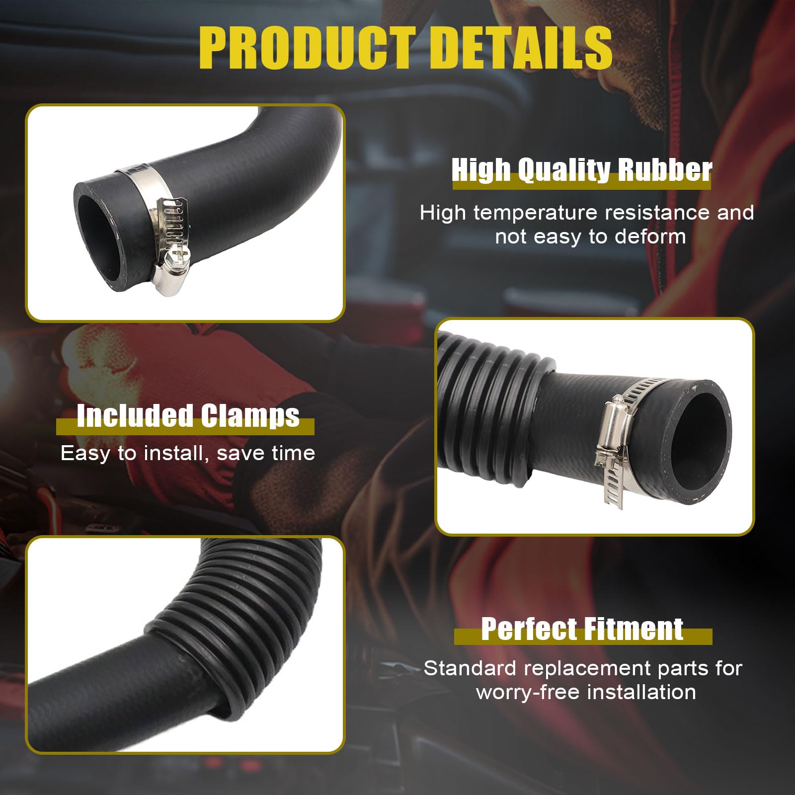 SecosAutoparts upper hose close-up showing bend profile for correct routing and durability