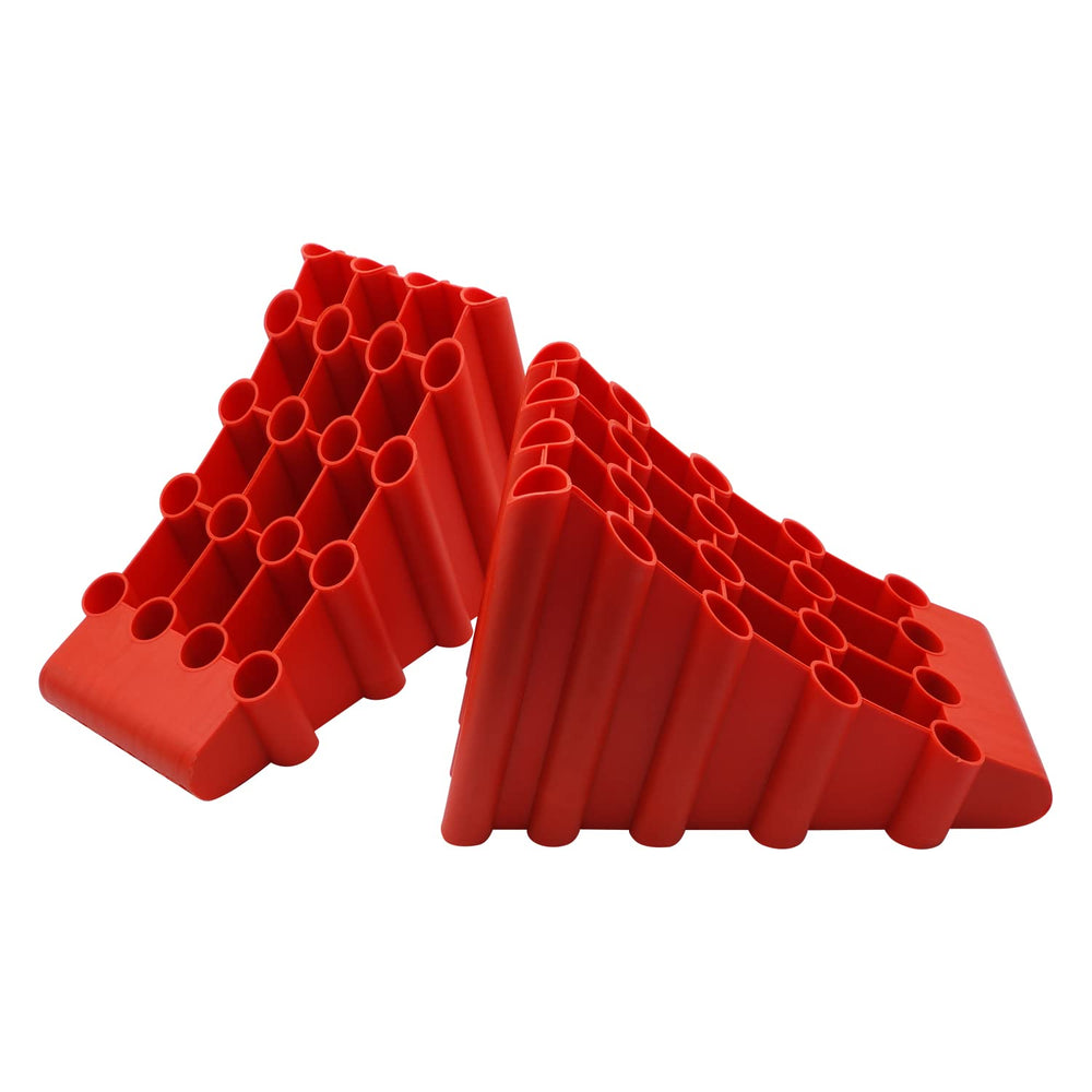 SECURITYMAN front view of two chocks showing bright orange visibility and stable profile