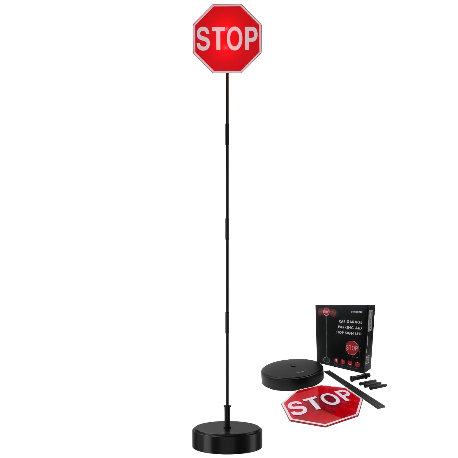 SECURITYMAN front view of 7" LED stop sign showing clear parking cue and bright visibility