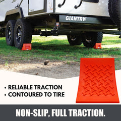 SECURITYMAN wheel chock in use behind RV tire for secure parking