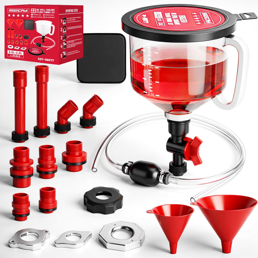 SEDY clear antifreeze funnel front view showing spill control benefit