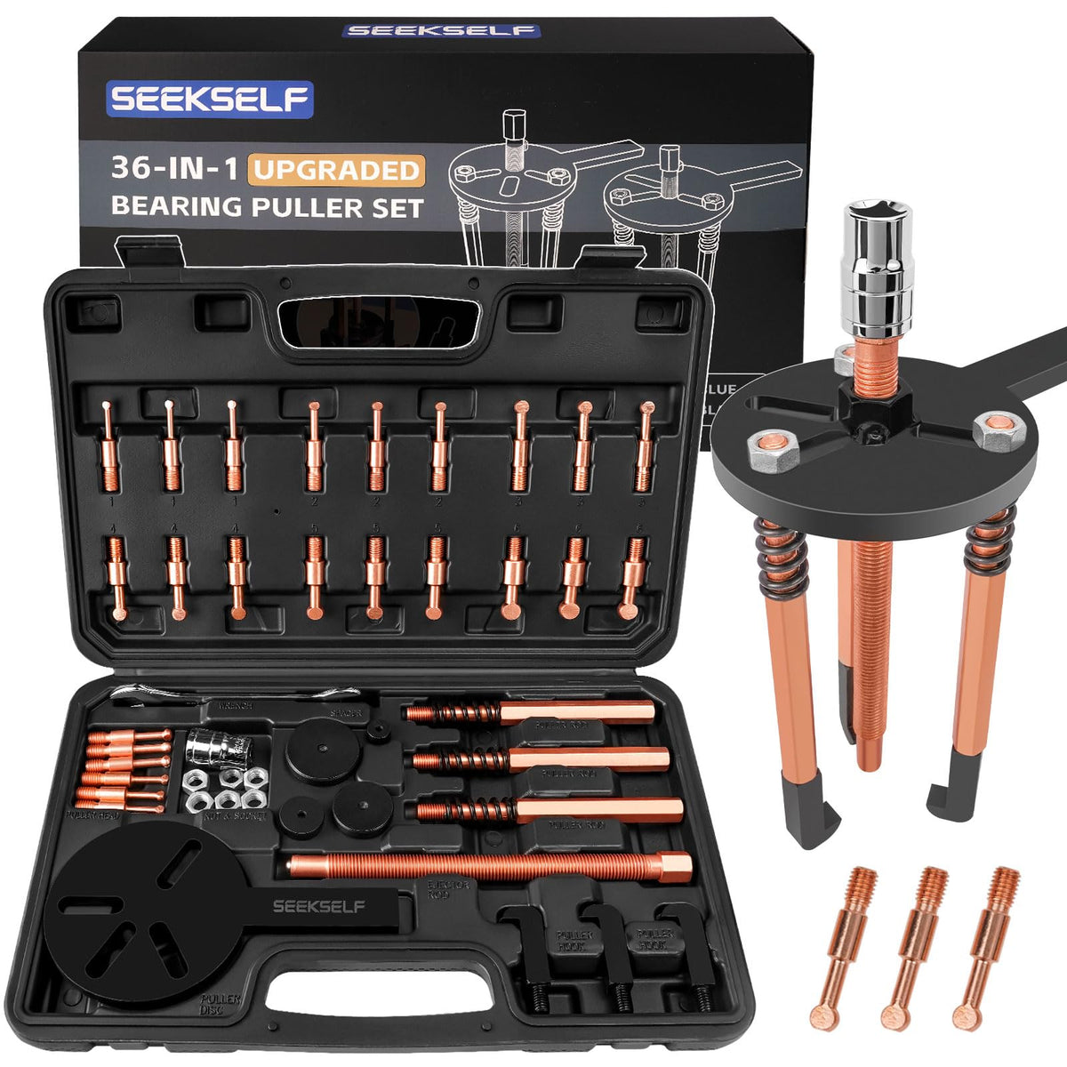 SEEKSELF front package box showing complete 36-in-1 kit and organized case for quick access
