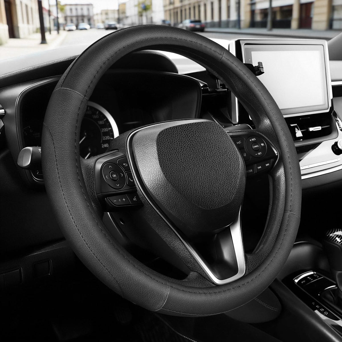 SEG Direct front view of steering wheel cover showing neat fit and upgrade benefit