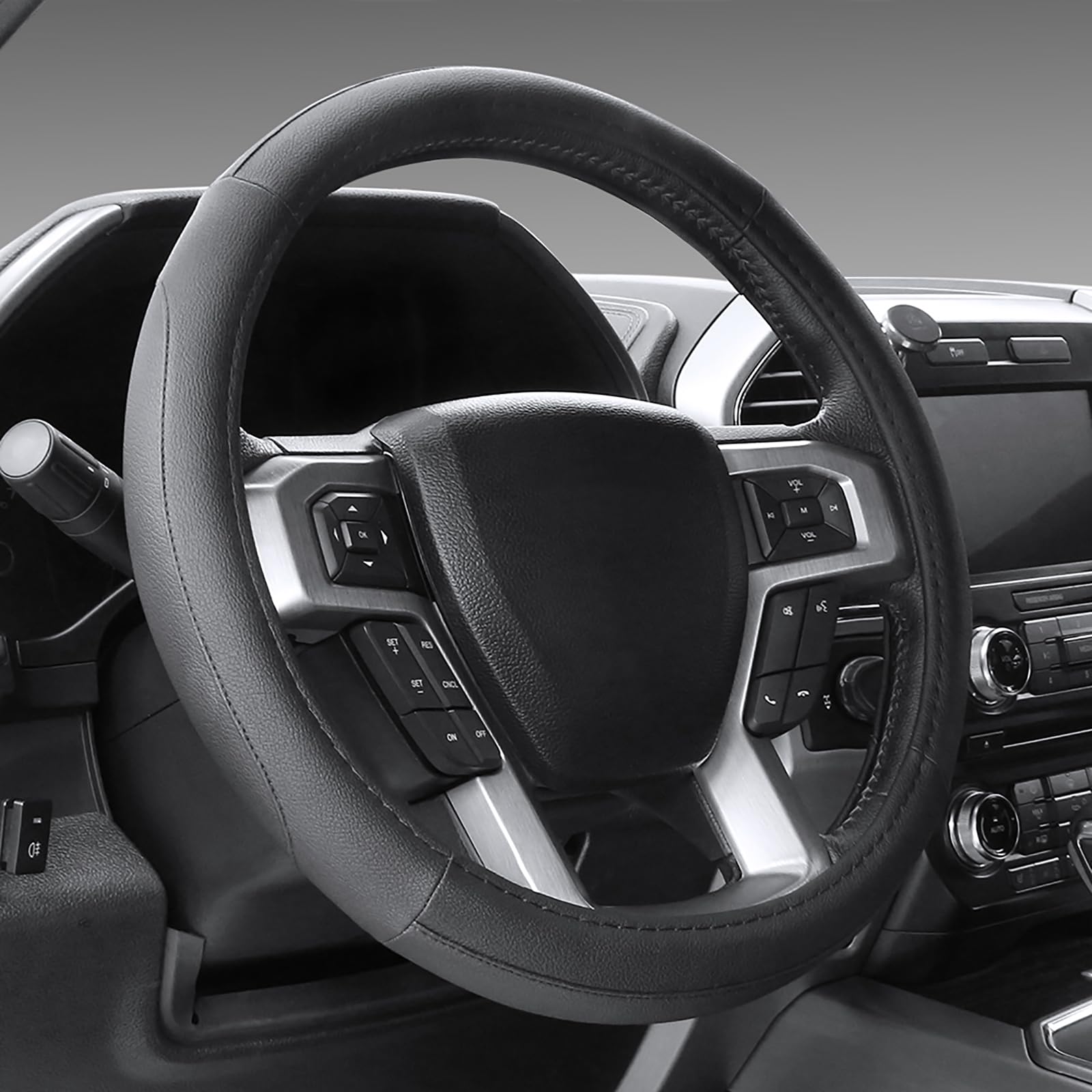 SEG Direct front view of black steering wheel cover showing design and fit benefit