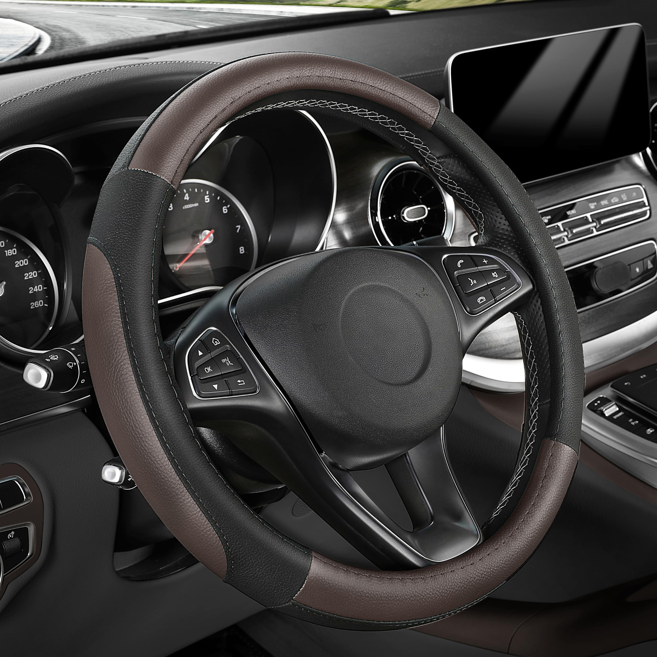 SEG Direct front view of steering wheel cover showing packaging and fit benefit