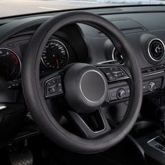 SEG Direct front view of black steering wheel cover shows clean aesthetic and fit