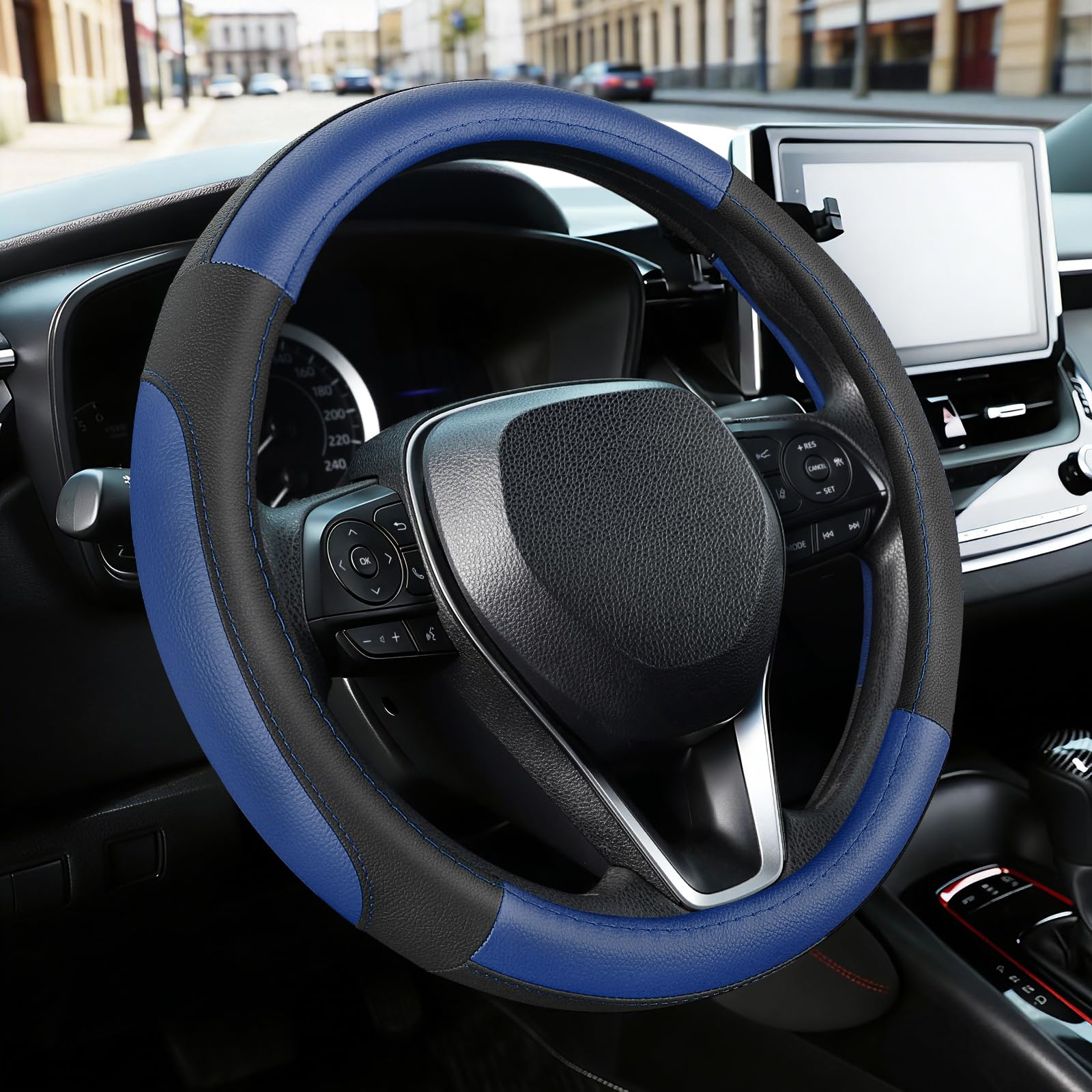 SEG Direct front view of steering wheel cover showing black and blue style and improved grip