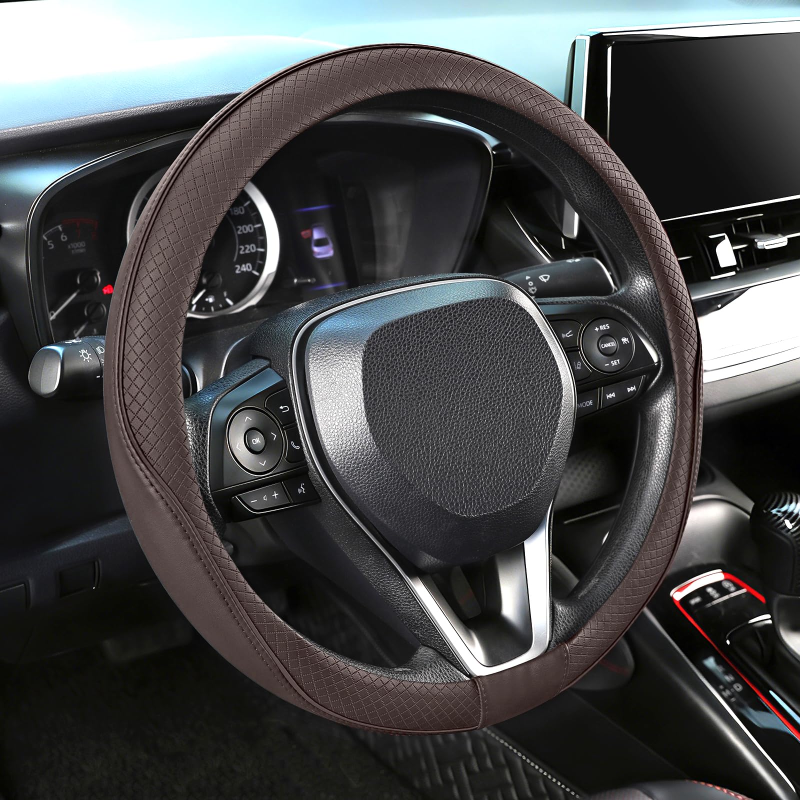 SEG Direct front view of chocolate brown steering wheel cover shows fit and style benefits