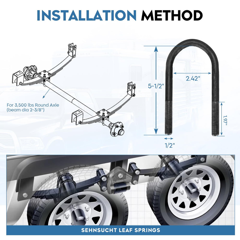 SEHNSUCHT U-bolts with tie plates displayed to show secure axle mounting benefit