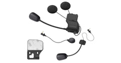 Sena clamp kit front view showing included speakers and mic, clear component layout