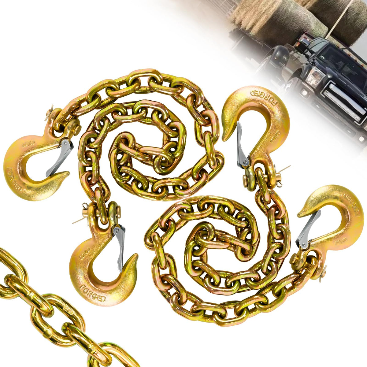 SENKEYFE front view of two-pack G80 chains showing packaging and included hooks for reliability