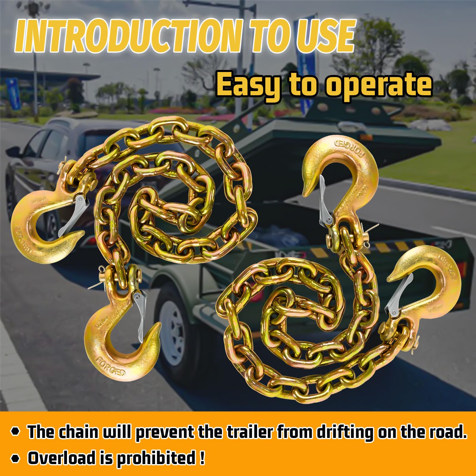 SENKEYFE chains attached to trailer hitch illustrating secure towing and safety