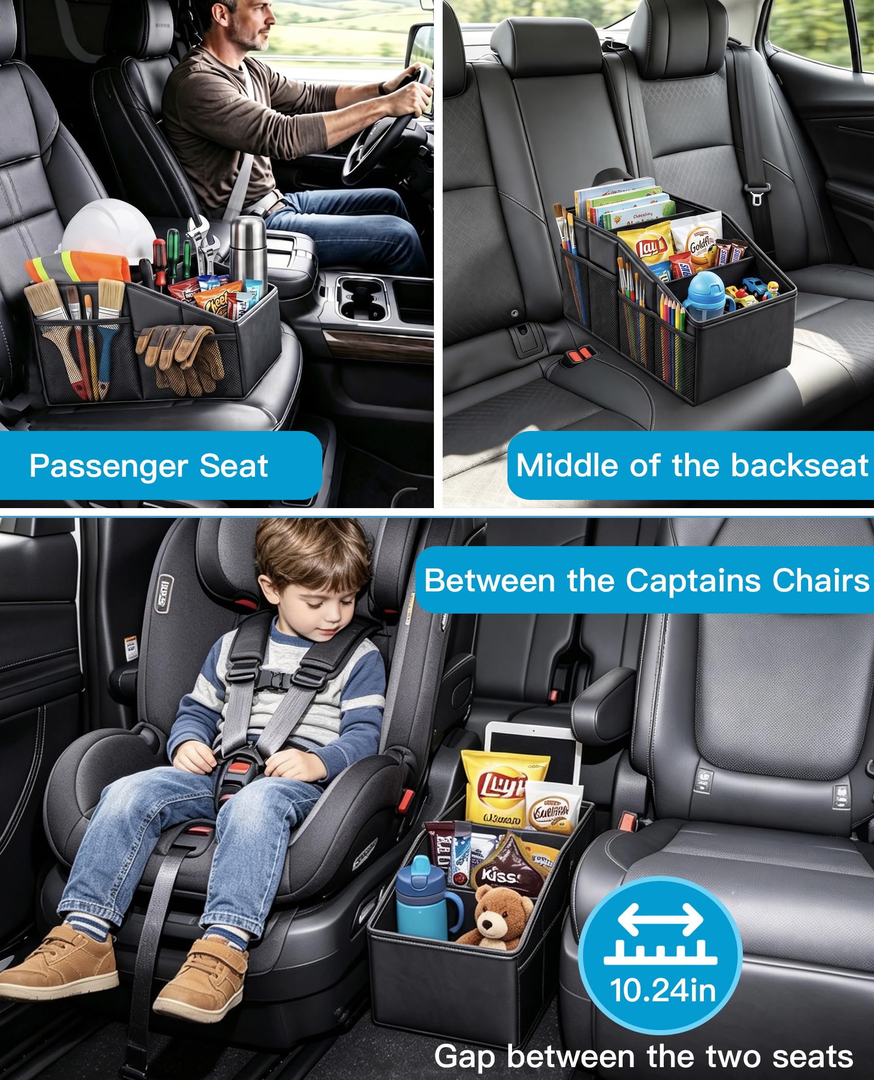 SenronKalm mounted on backseat with strap anchored to seat belt for stable driving