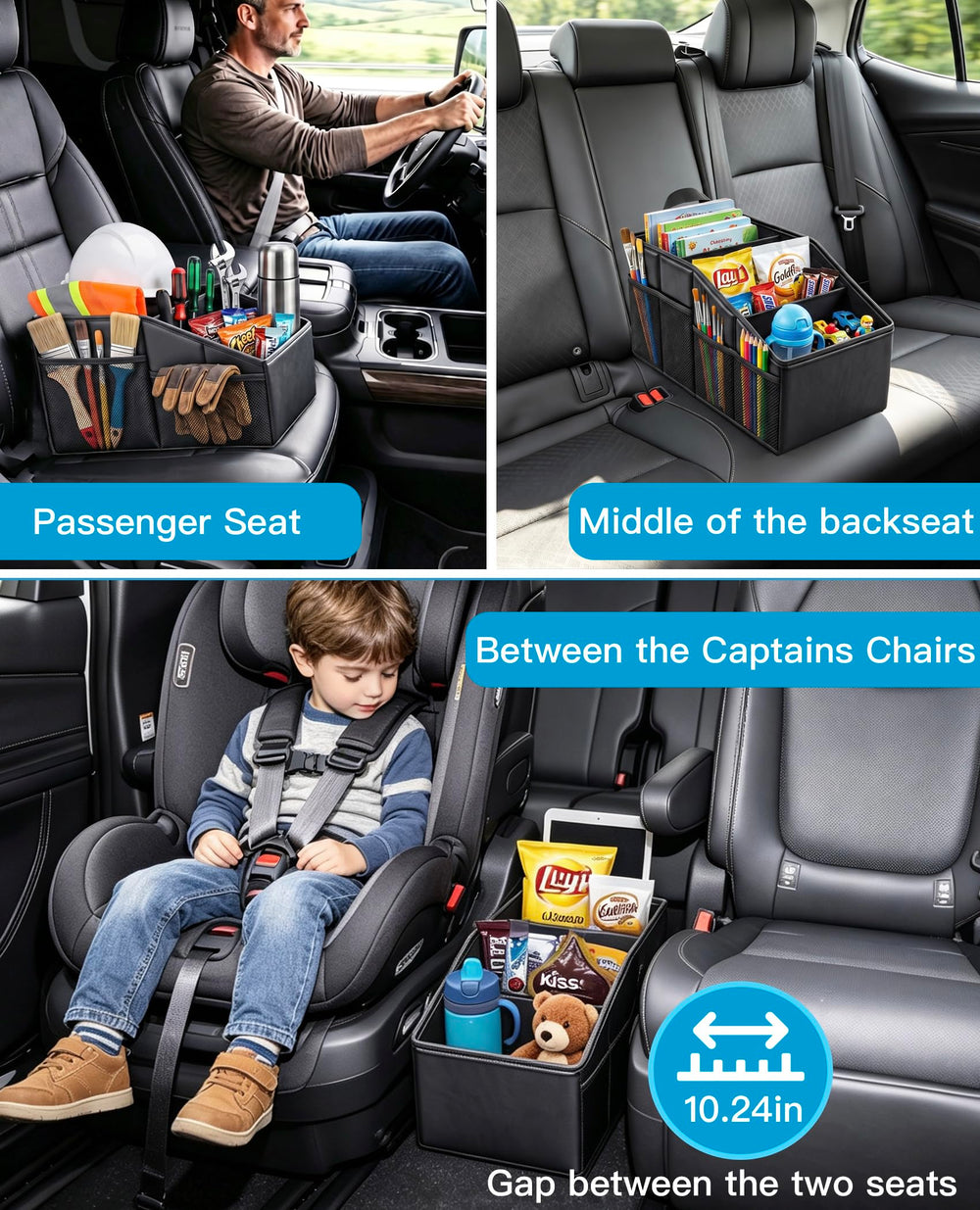 SenronKalm mounted on backseat with strap anchored to seat belt for stable driving