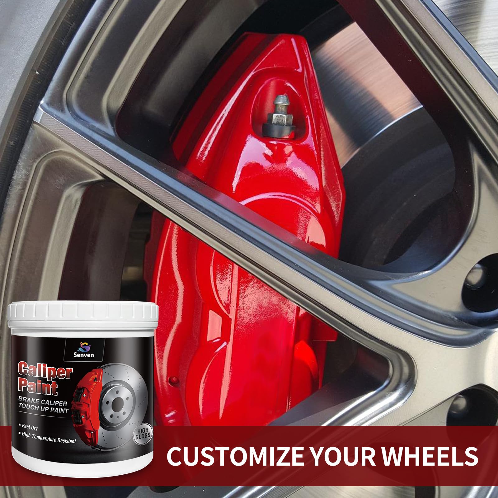 SENVEN painted caliper installed on car showcasing vibrant red and long-lasting look