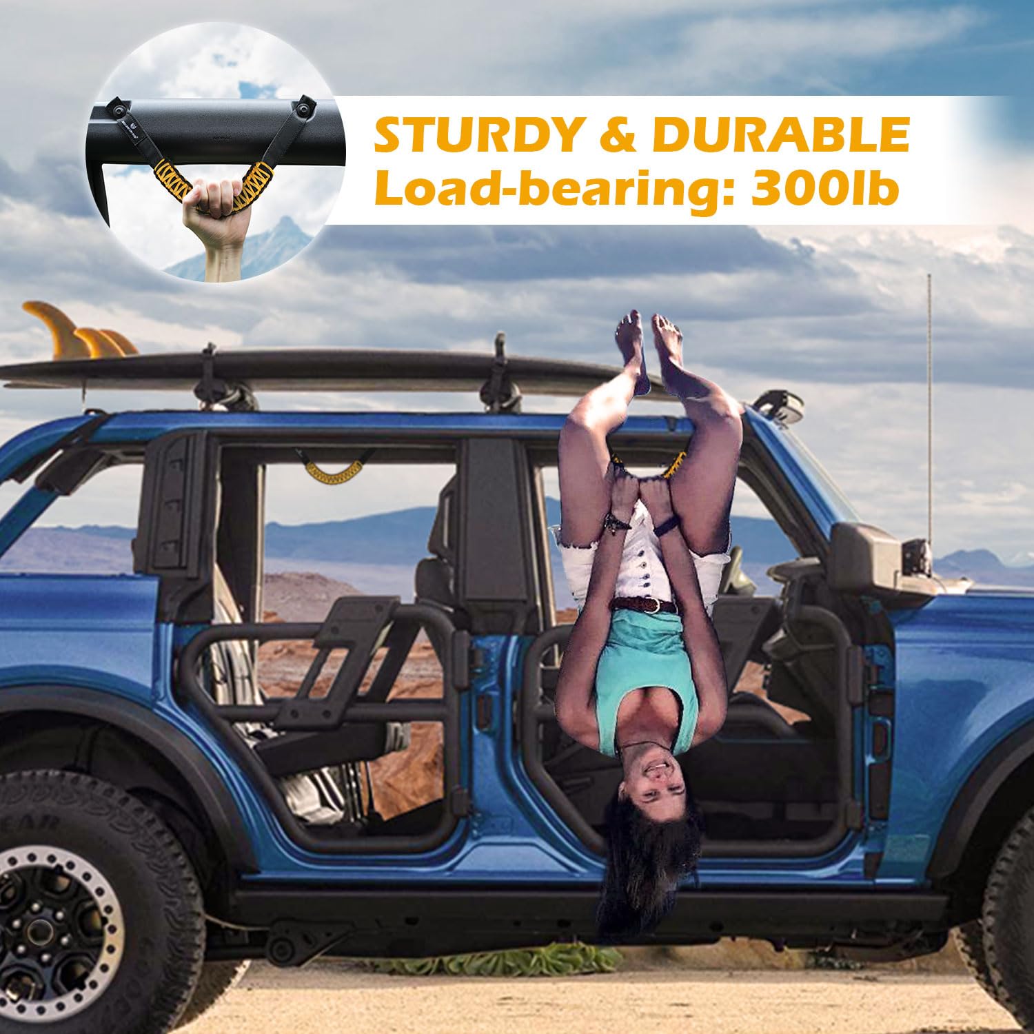 SEVEN SPARTA handle mounted on Bronco front roll bar showing easier entry benefit