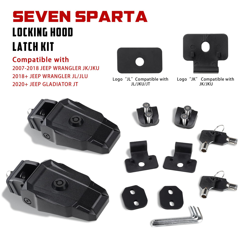 SEVEN SPARTA installed on Jeep Wrangler front showing secure hood hold