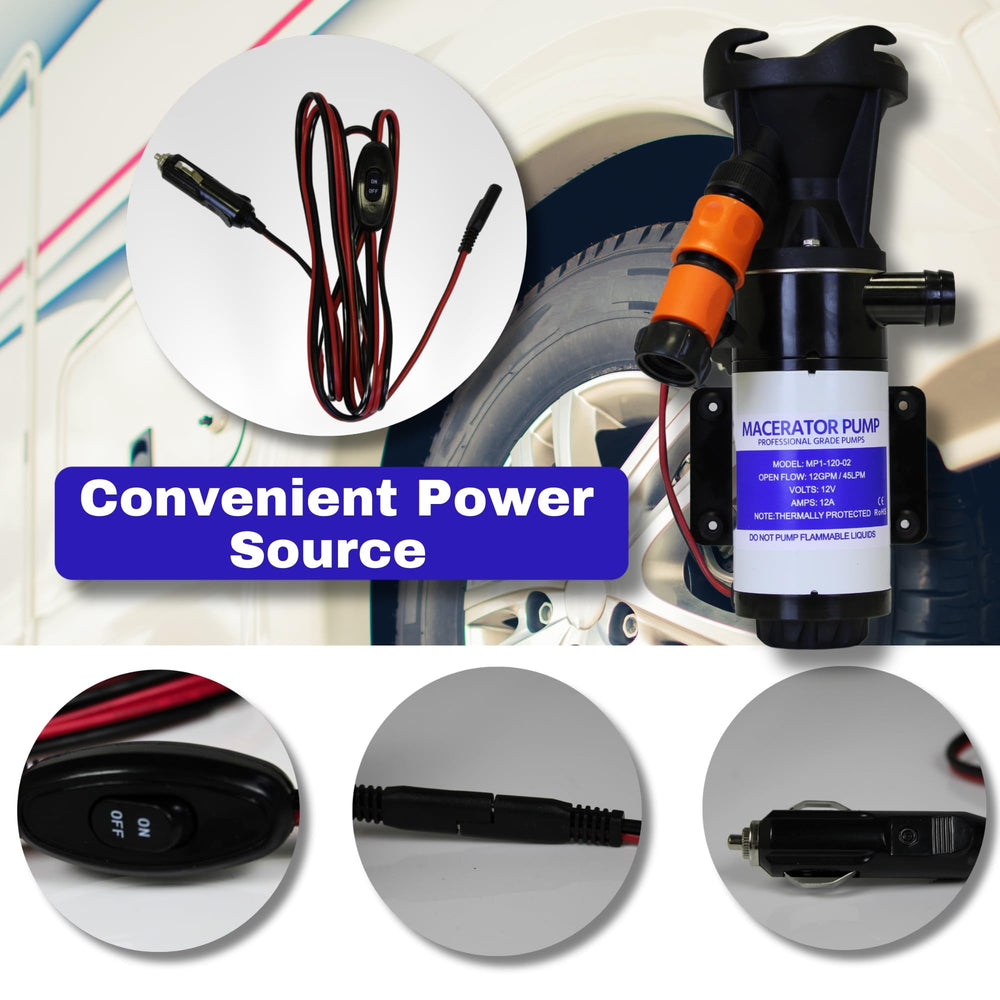 SewerFlo discharge hose attached to 1-inch hose barb for long dumps