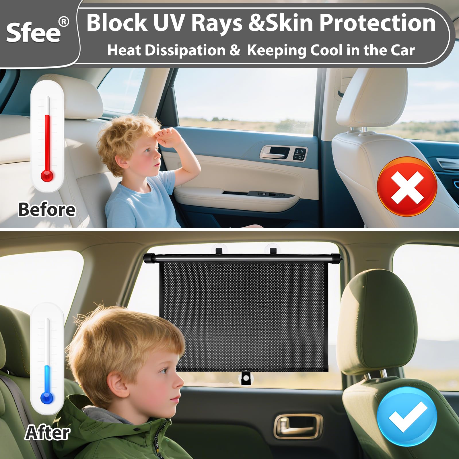Sfee rolled-up shade beside a water bottle showing compact storage convenience