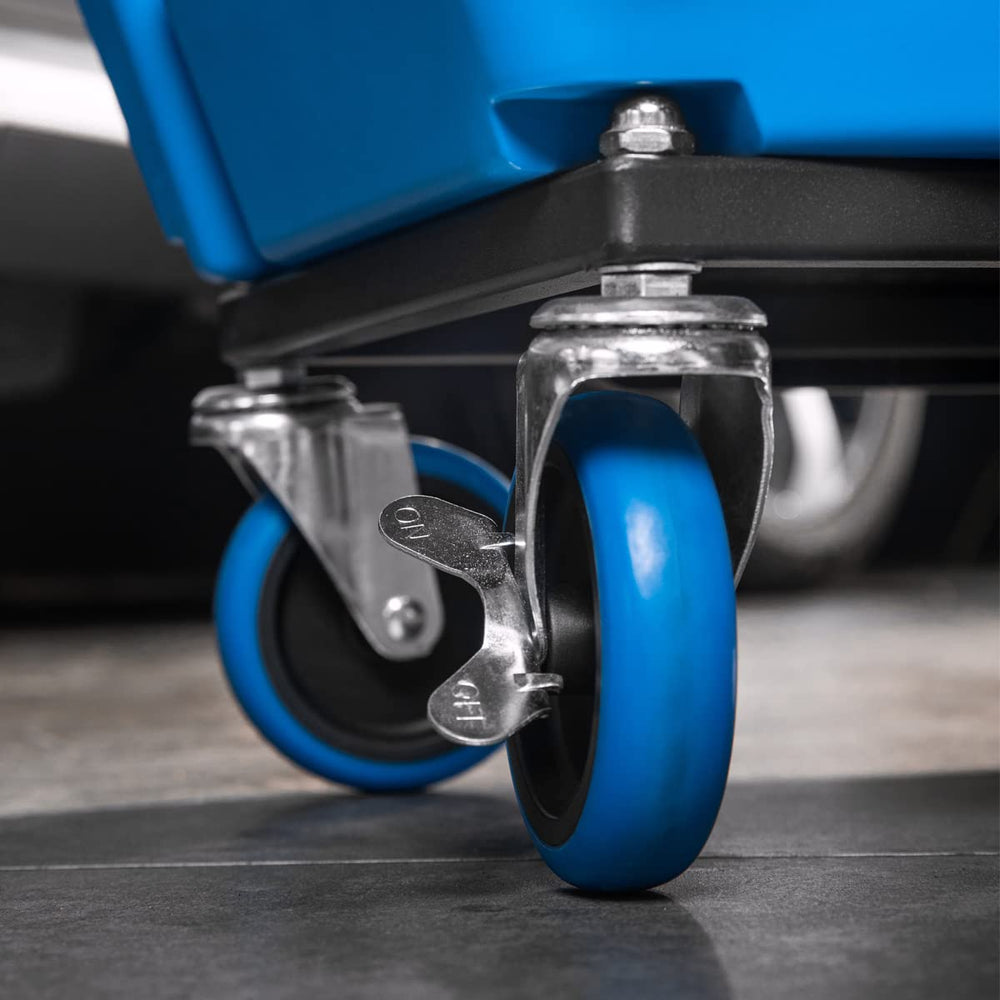SGCB mechanic stool positioned under car demonstrating low-profile access advantage