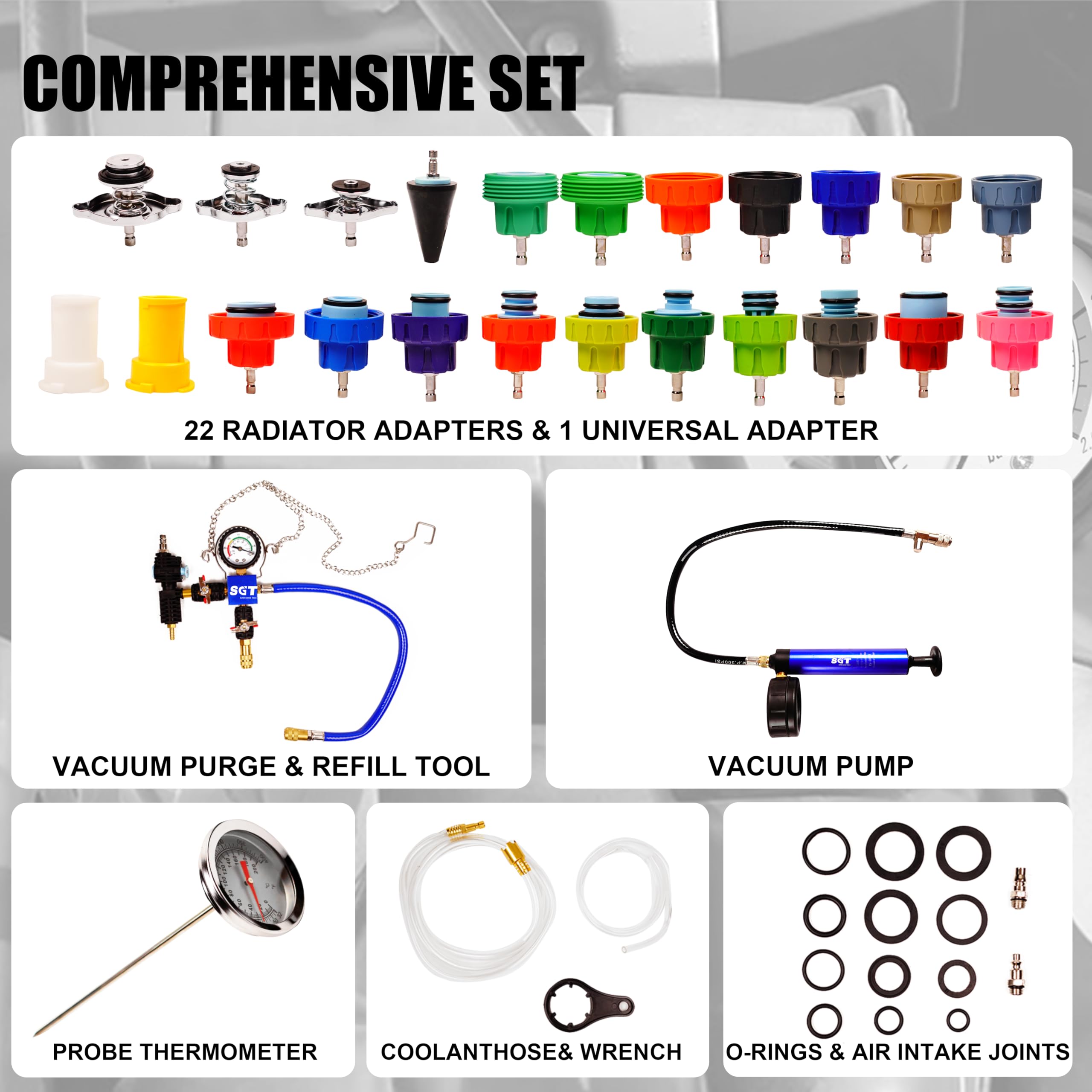 SGT SUPER GARAGE TOOLS close-up of 23 adapters with color coding for fast correct selection