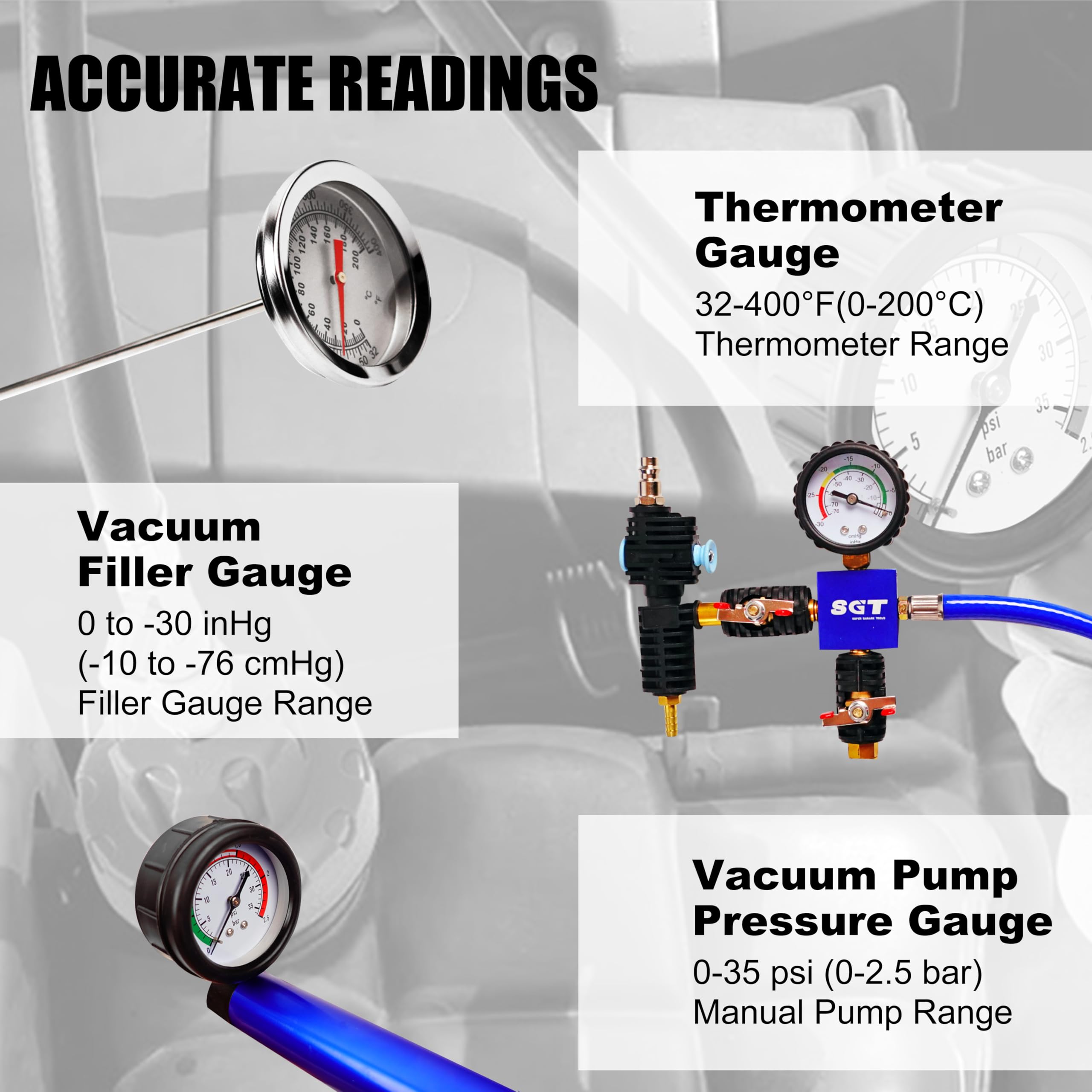 SGT SUPER GARAGE TOOLS pressure gauge close detail showing clear readings for precise diagnostics
