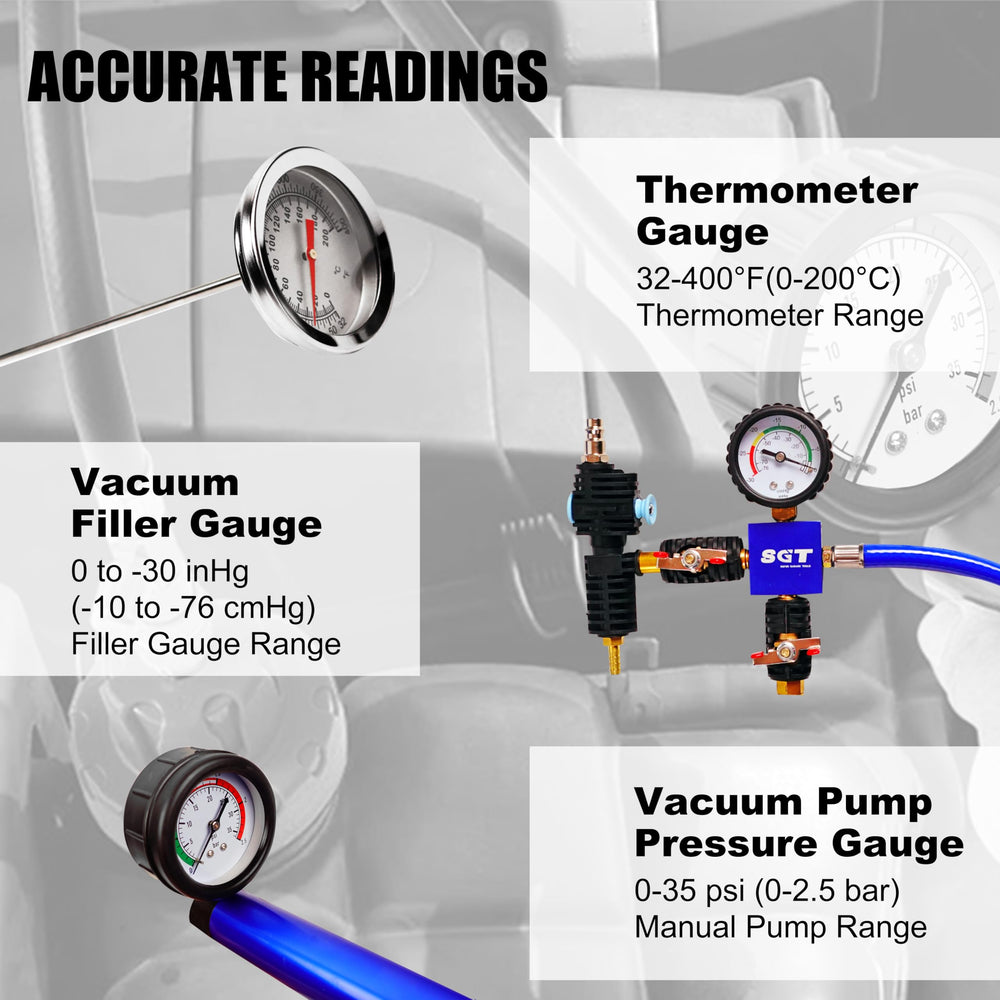 SGT SUPER GARAGE TOOLS pressure gauge close detail showing clear readings for precise diagnostics