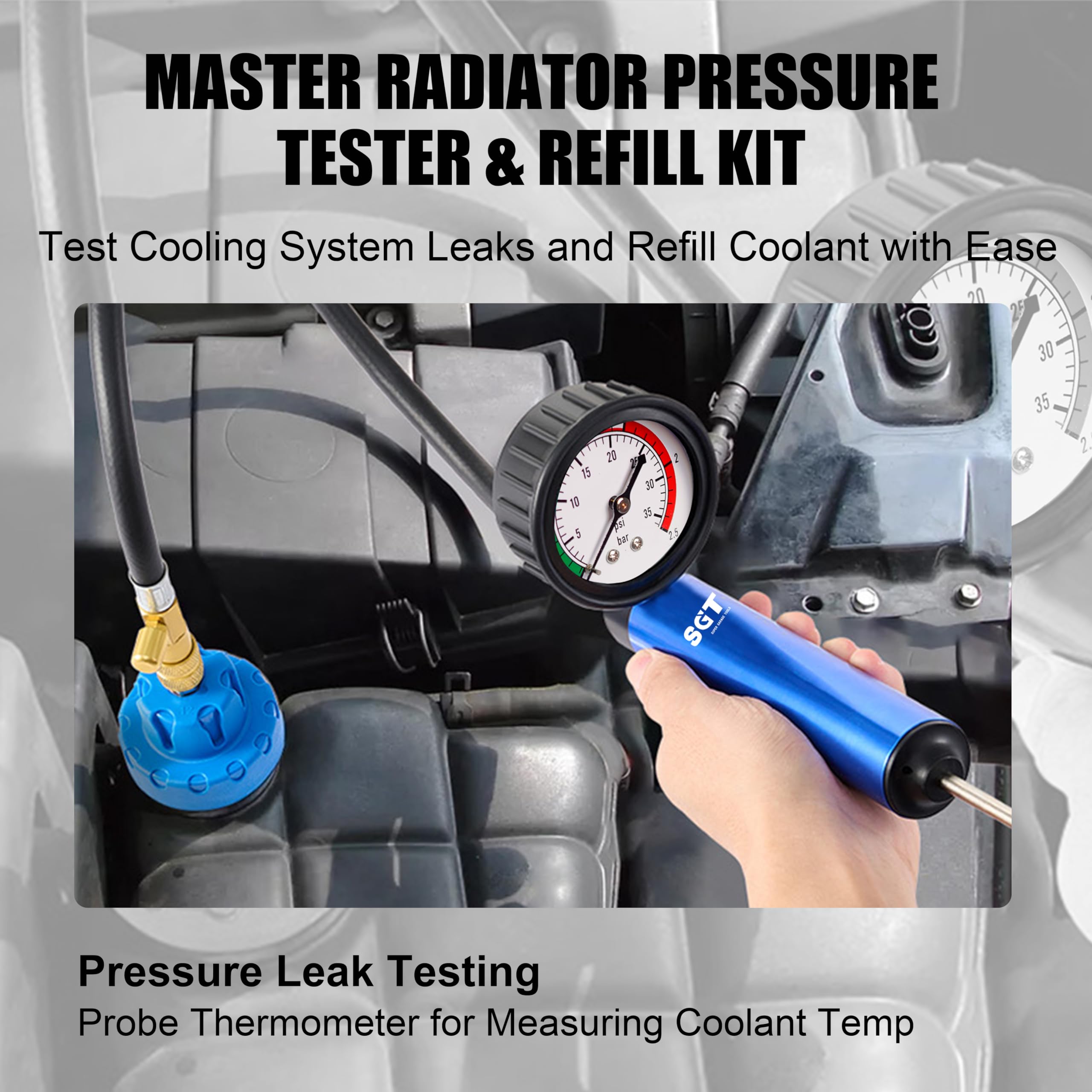 SGT SUPER GARAGE TOOLS probe thermometer inserted to confirm safe coolant temperature before service