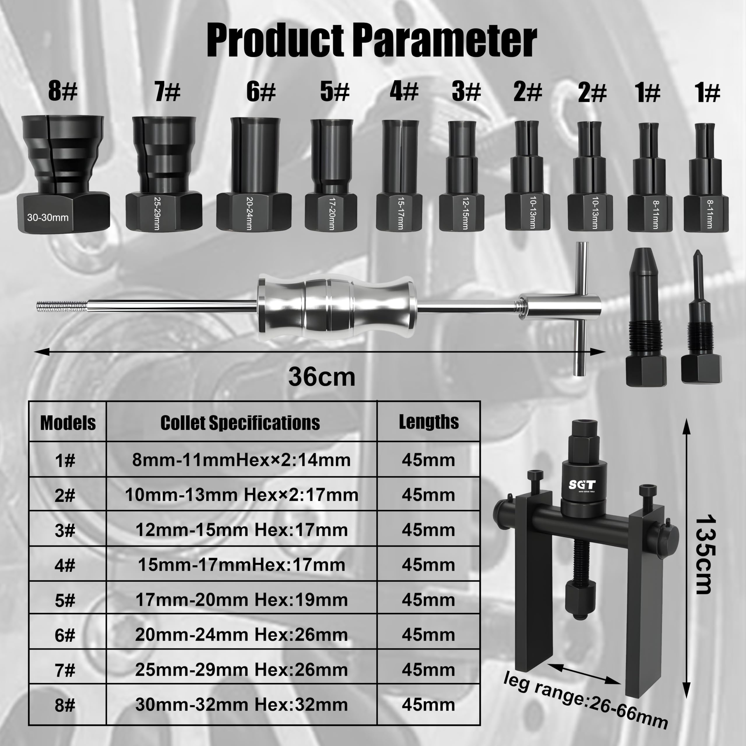 SGT SUPER GARAGE TOOLS expandable collets closeup demonstrating versatile inner gripping performance