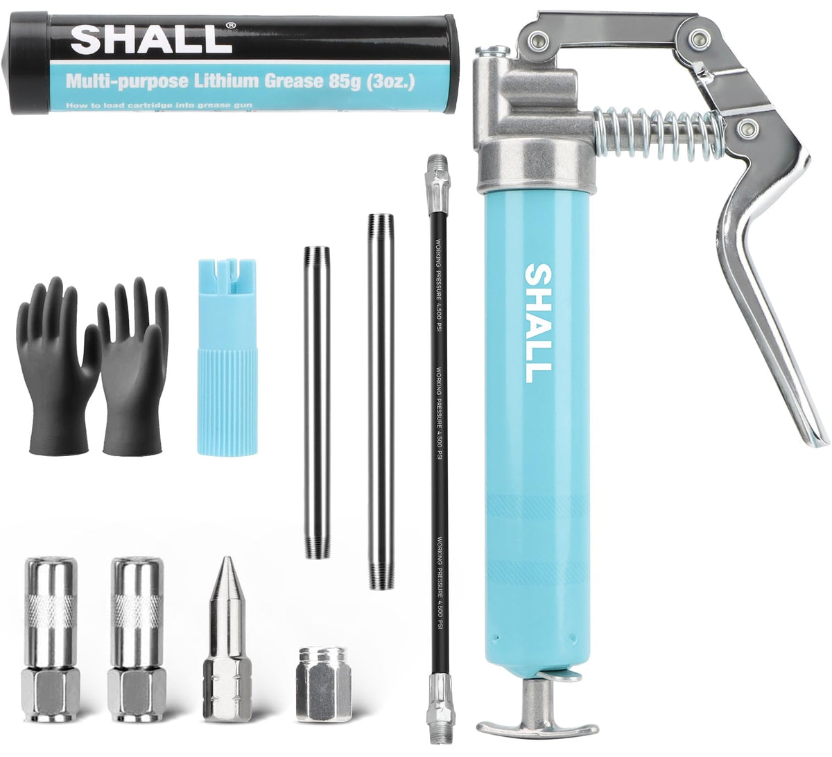 SHALL front view of mini grease gun showing compact pistol grip and durable body for portability
