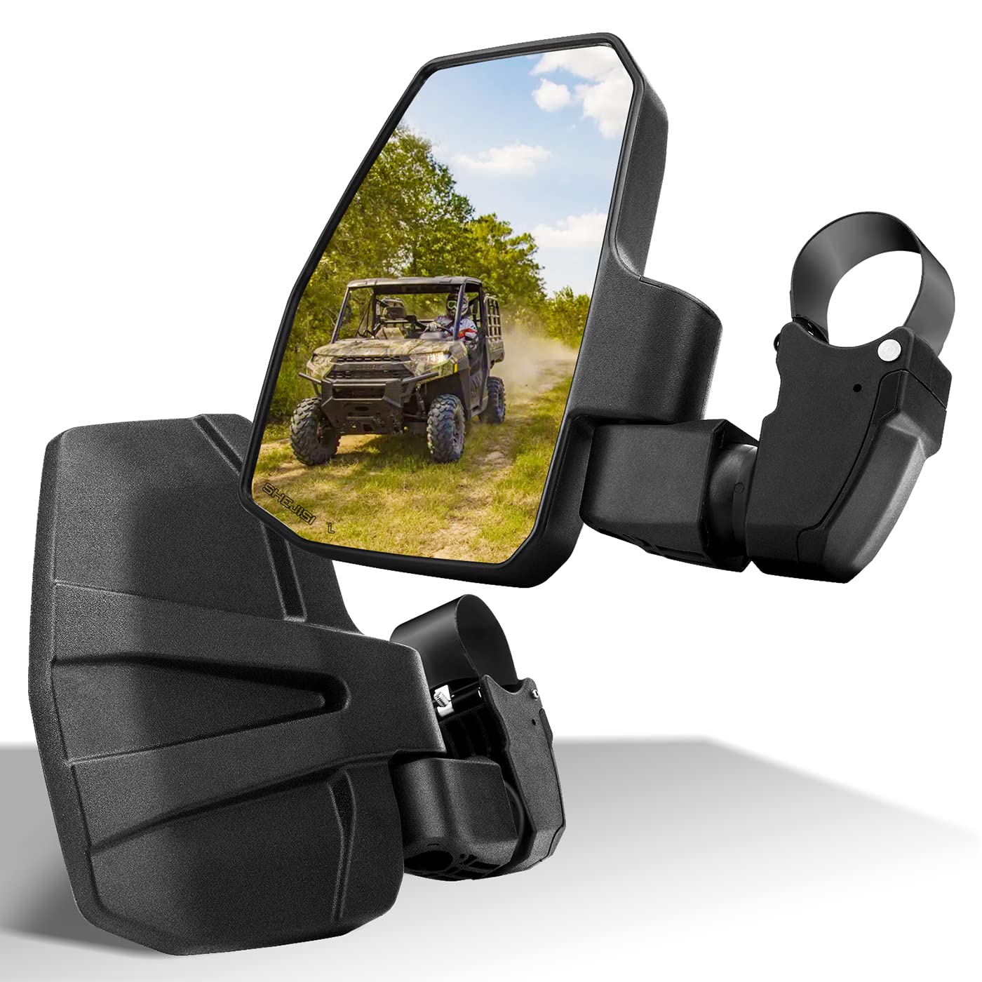 SHEJISI front-mounted mirror on roll cage showing wide field of view