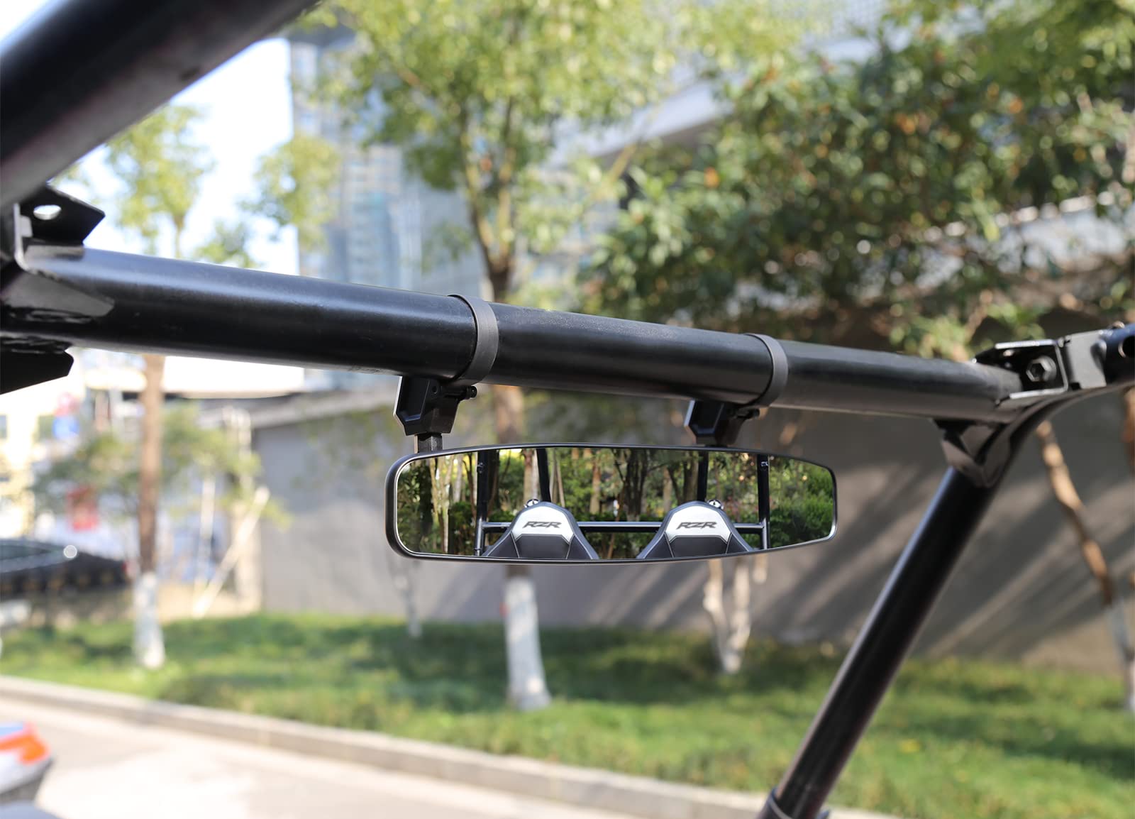 SHEJISI mirror beside measuring tape showing fit for 1.5" to 2" roll cage tubing