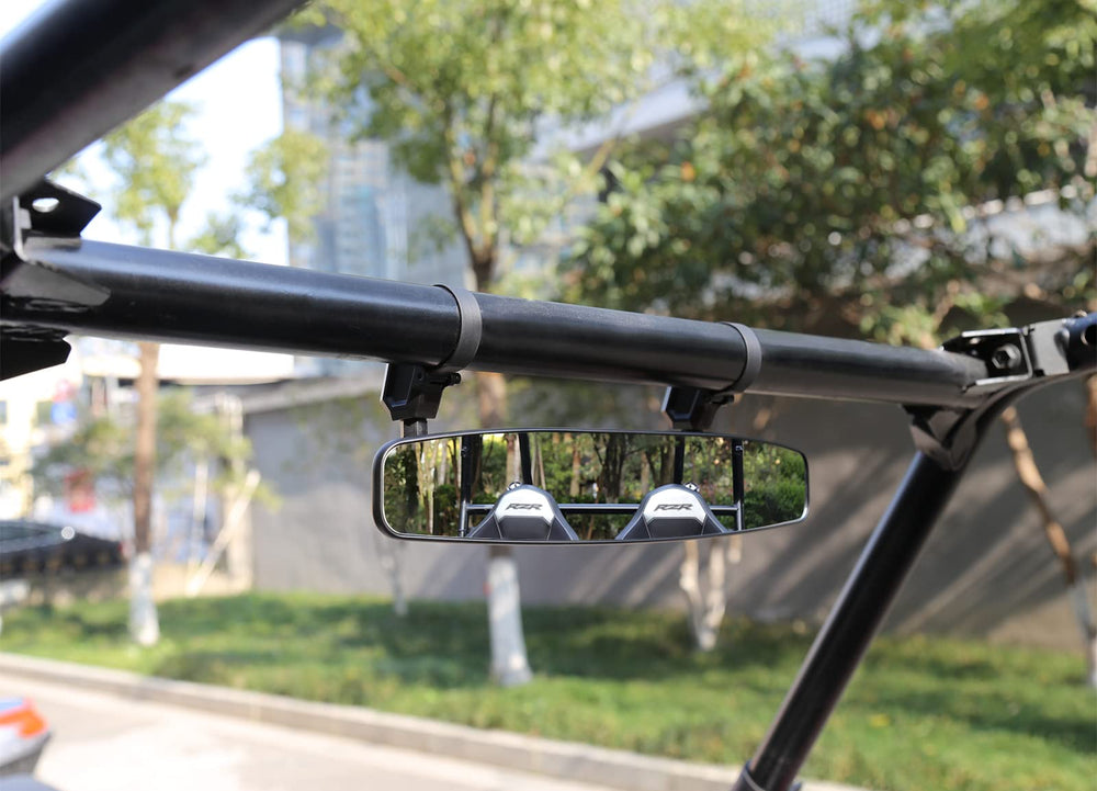 SHEJISI mirror beside measuring tape showing fit for 1.5" to 2" roll cage tubing