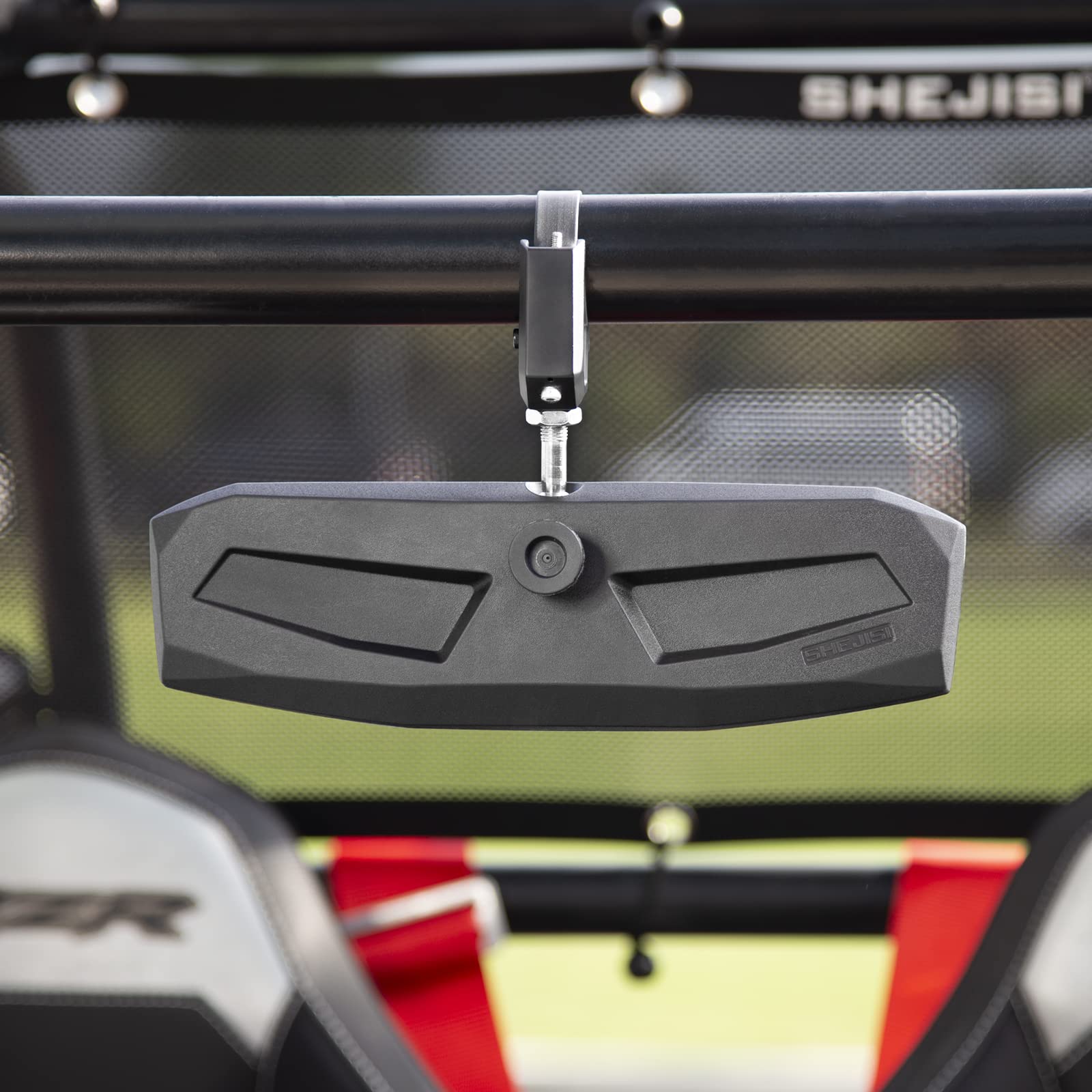 SHEJISI mirror in off-road lifestyle scene improving rear visibility on trail