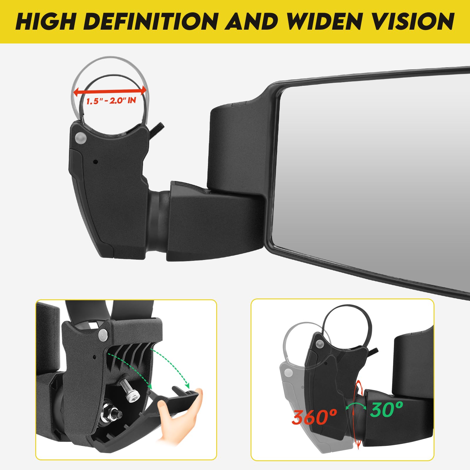 SHEJISI mirror mounted on roll cage demonstrating clamp-on fitment
