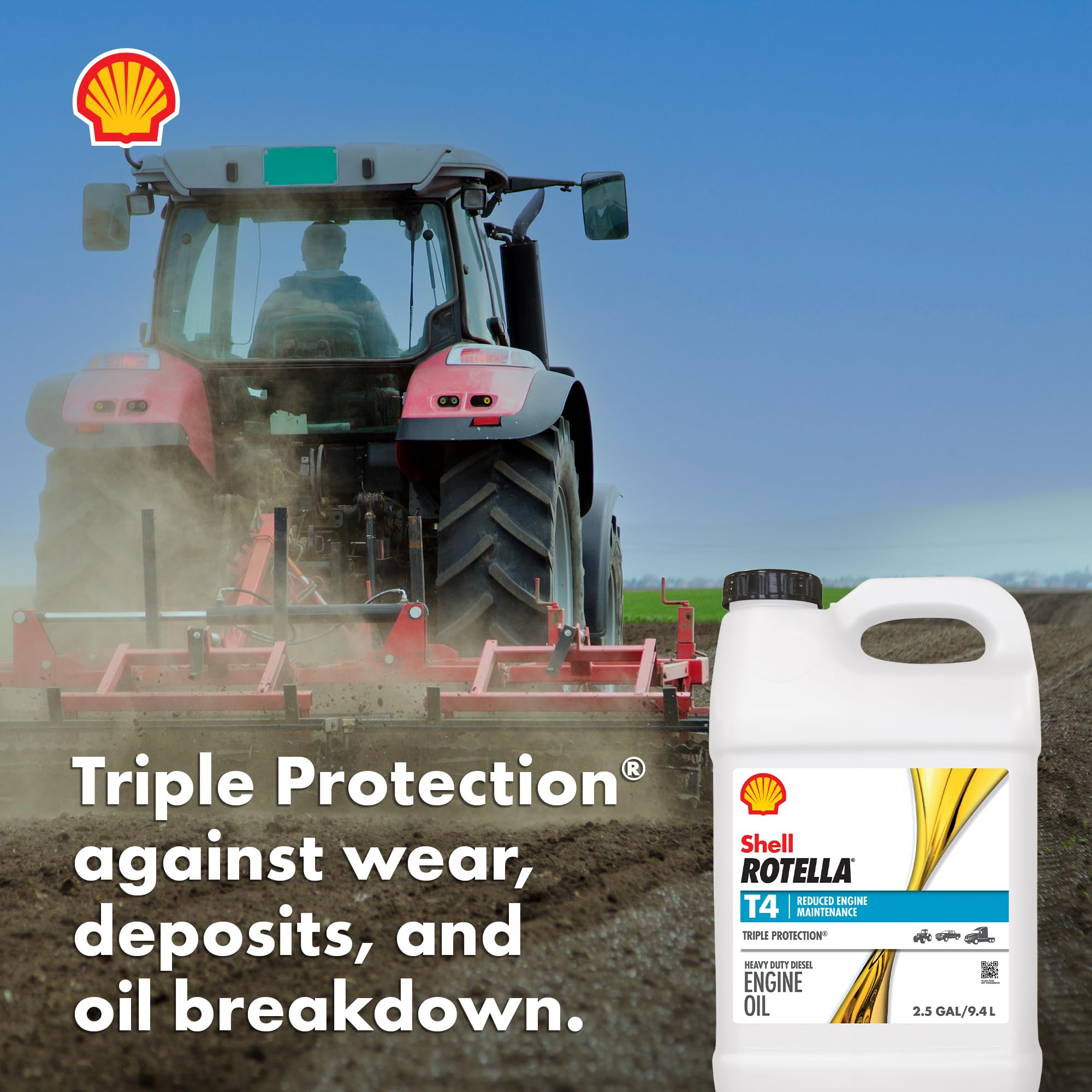 Shell Rotella 2.5 gallon next to tools for size clarity and storage convenience