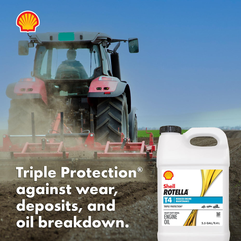 Shell Rotella 2.5 gallon next to tools for size clarity and storage convenience