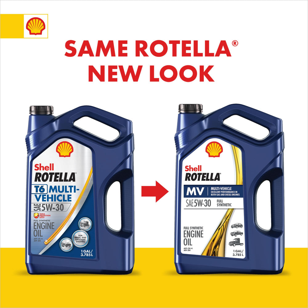 One-gallon Shell Rotella T6 beside a ruler to show scale and size convenience