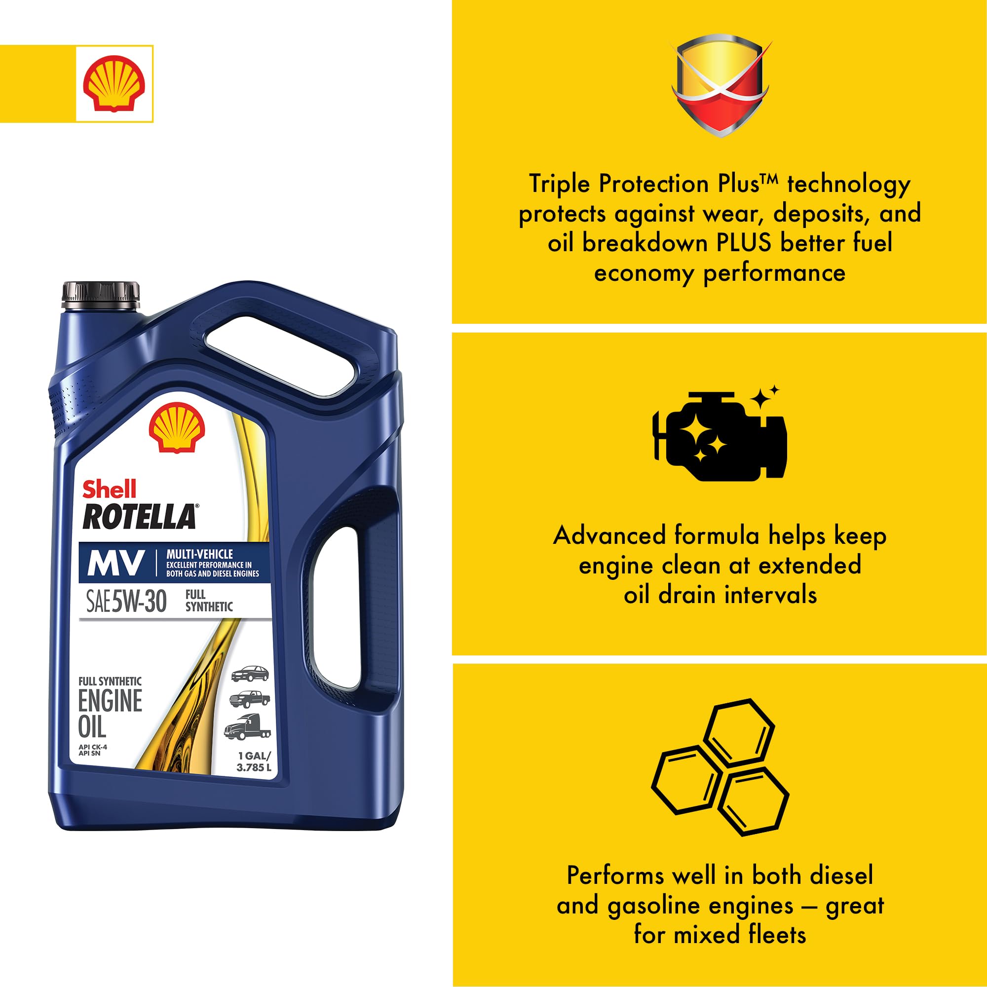 Close-up of Shell Rotella T6 label highlighting specifications and approvals