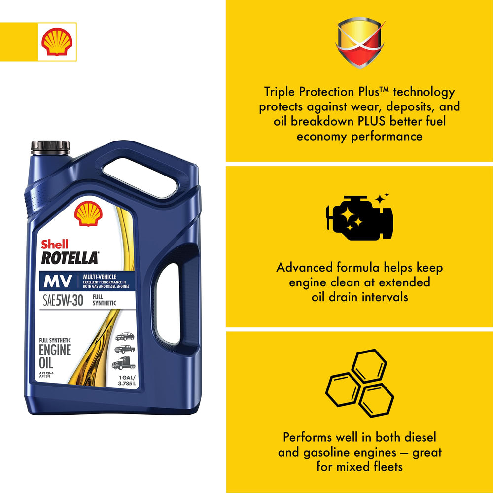 Close-up of Shell Rotella T6 label highlighting specifications and approvals