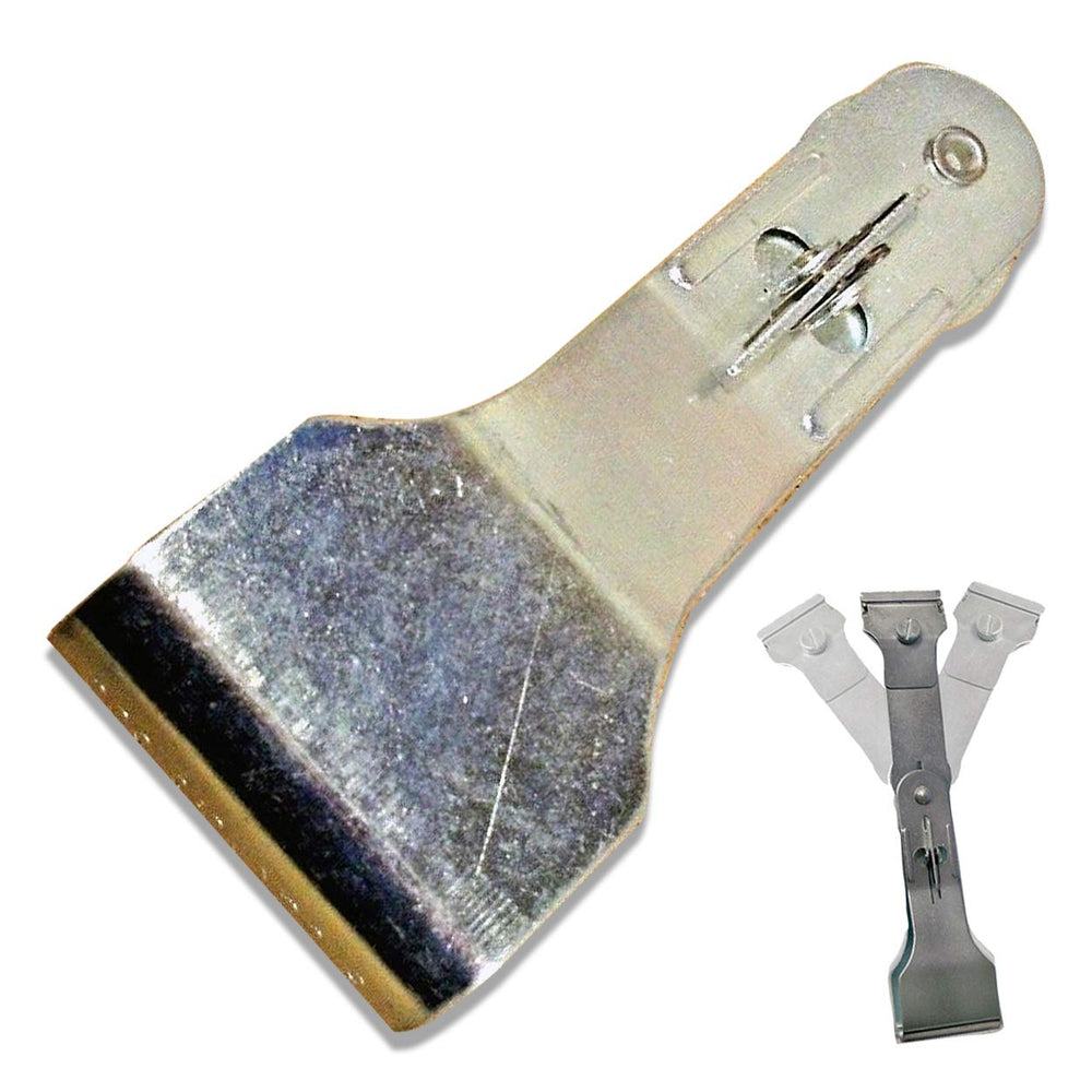 Sherco-Auto folded scraper next to ruler showing compact 8-inch storage advantage