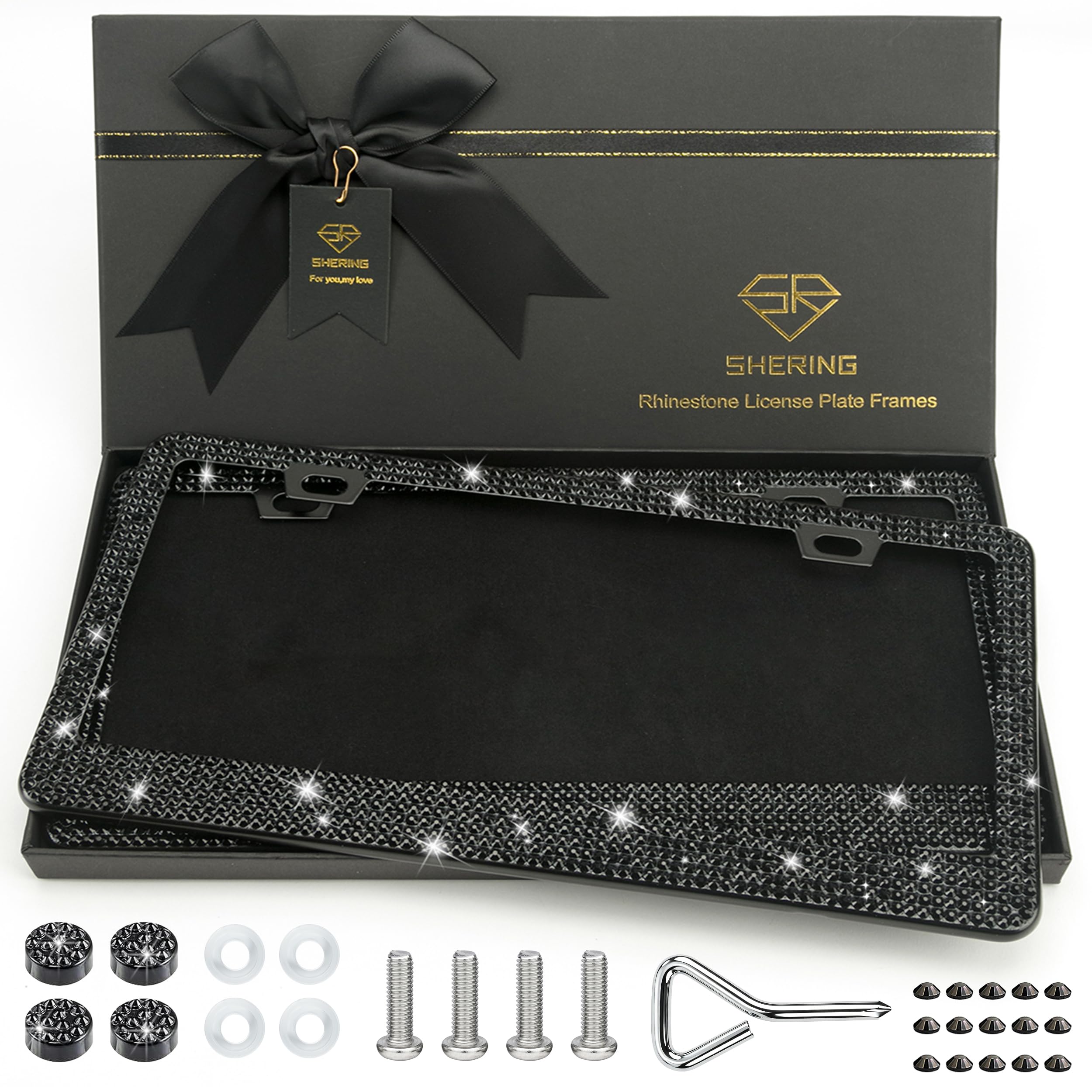 Shering front view of black rhinestone frame showing glamorous shine