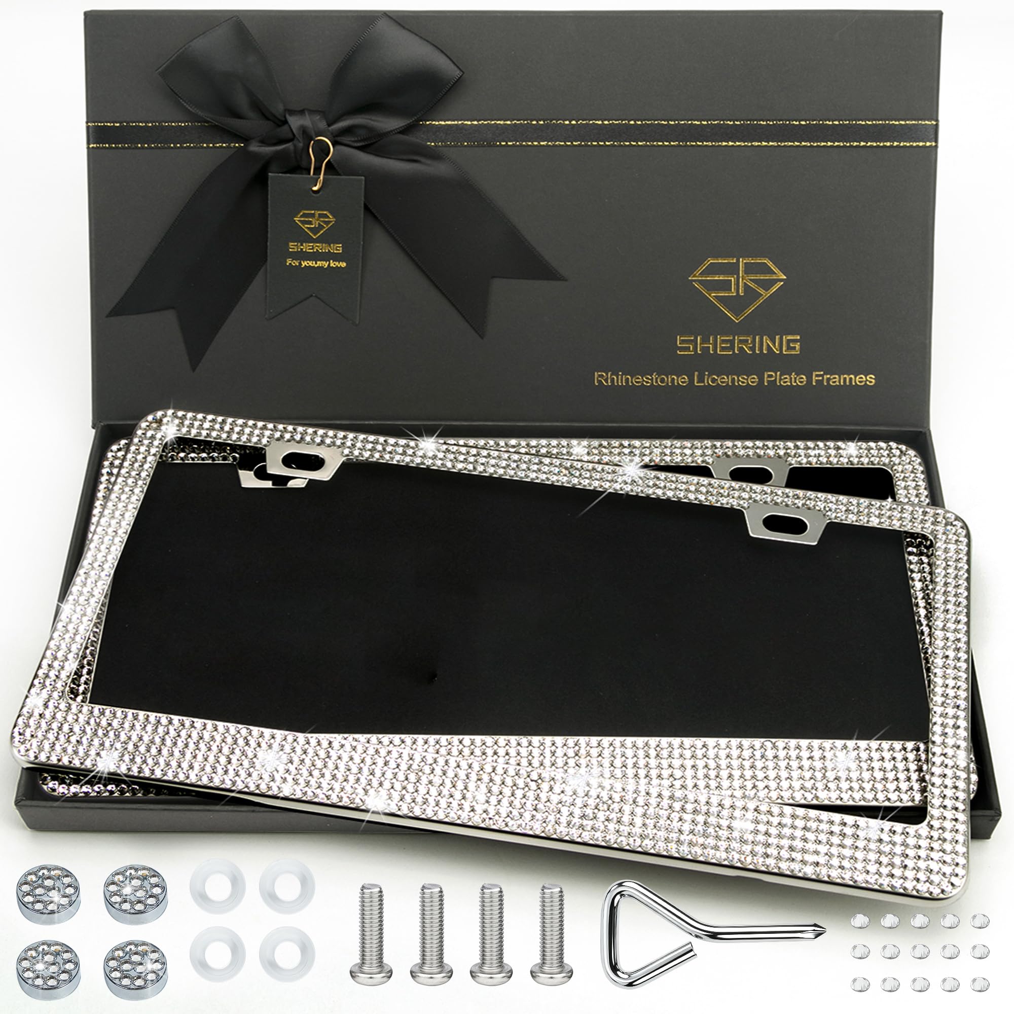 Shering front view white bling frame showing sparkling style and instant vehicle upgrade