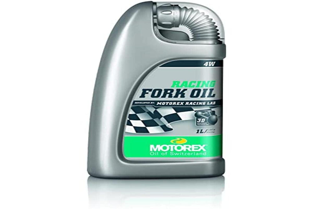 SHIMANO Motorex racing fork oil 4W front bottle showing label and volume, clear product identification and benefit