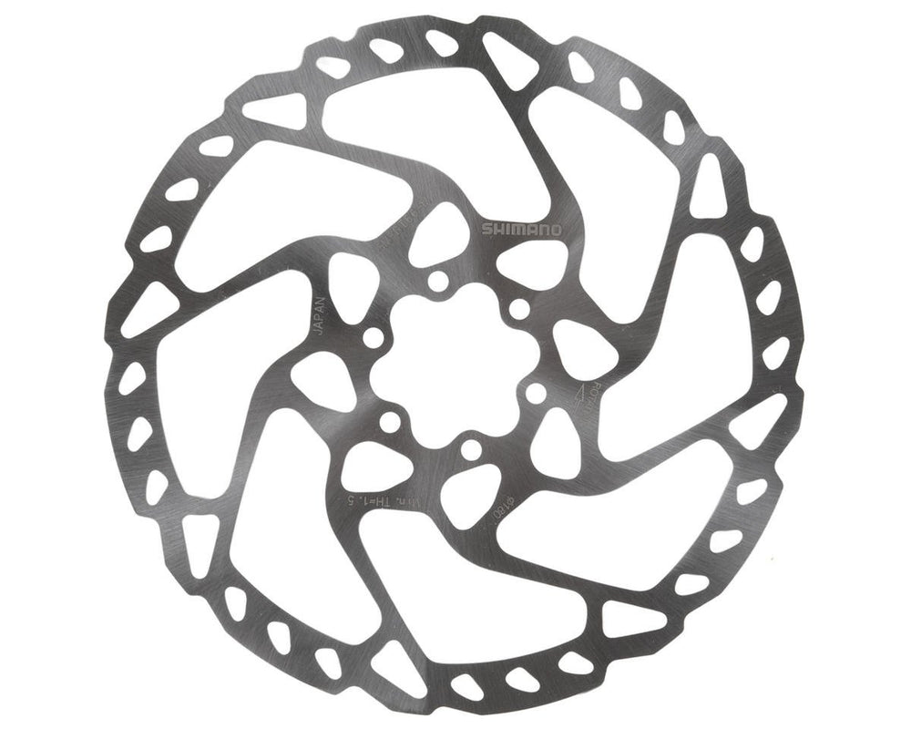 Shimano SM-RT66 rotor front view showing 180mm diameter and included bolts benefits fit
