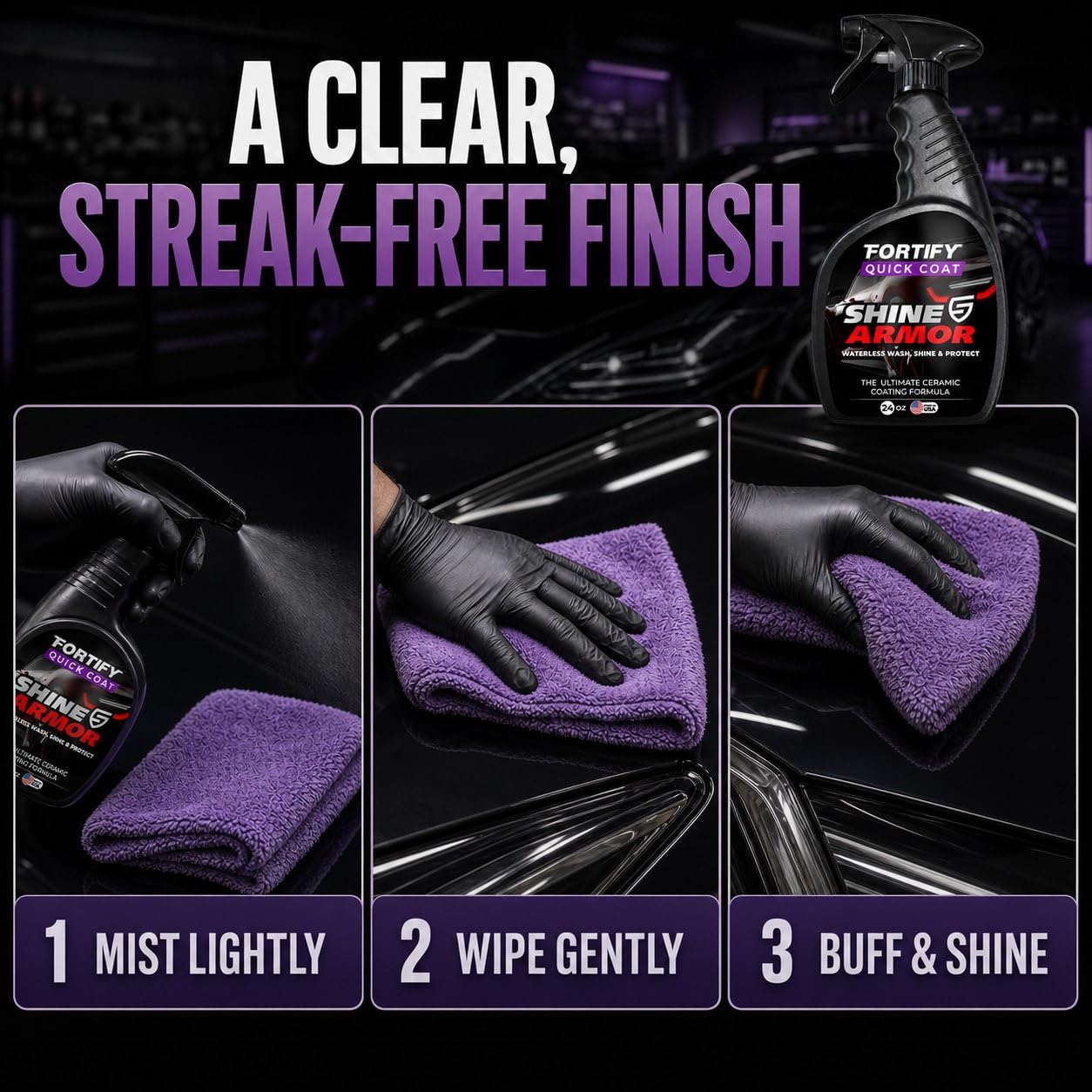 SHINE ARMOR microfiber wiping treated panel demonstrating streak-free cleaning benefit