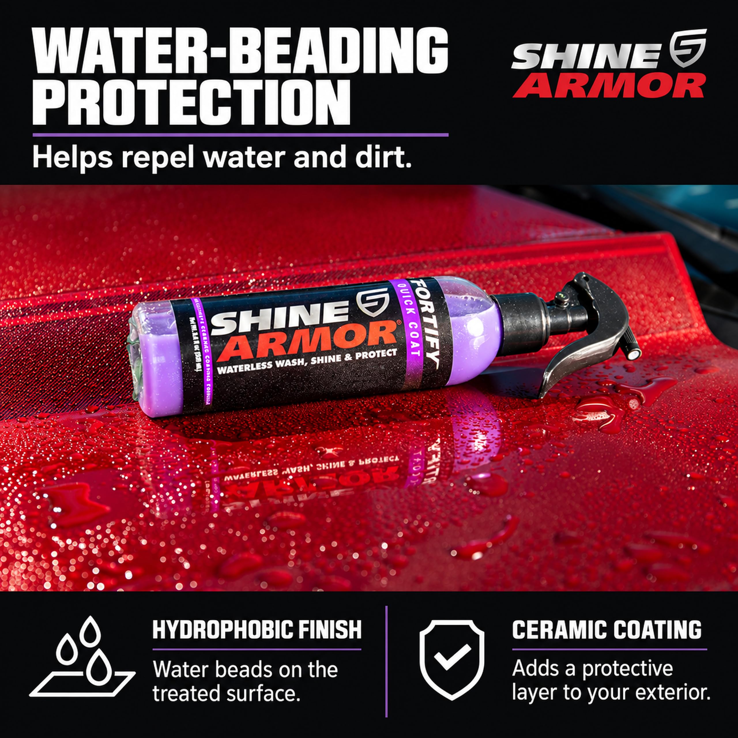 SHINE ARMOR beside a ruler to show 16 fl oz bottle scale and portability