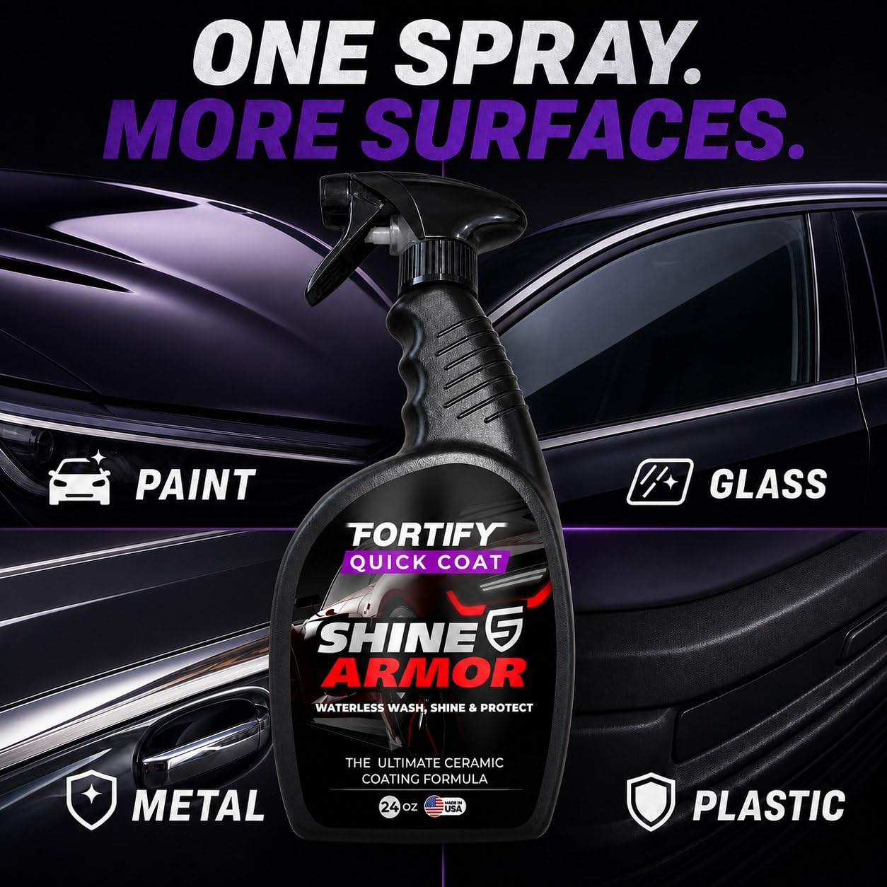 SHINE ARMOR bottle next to ruler indicating 24oz size and extended coverage per bottle