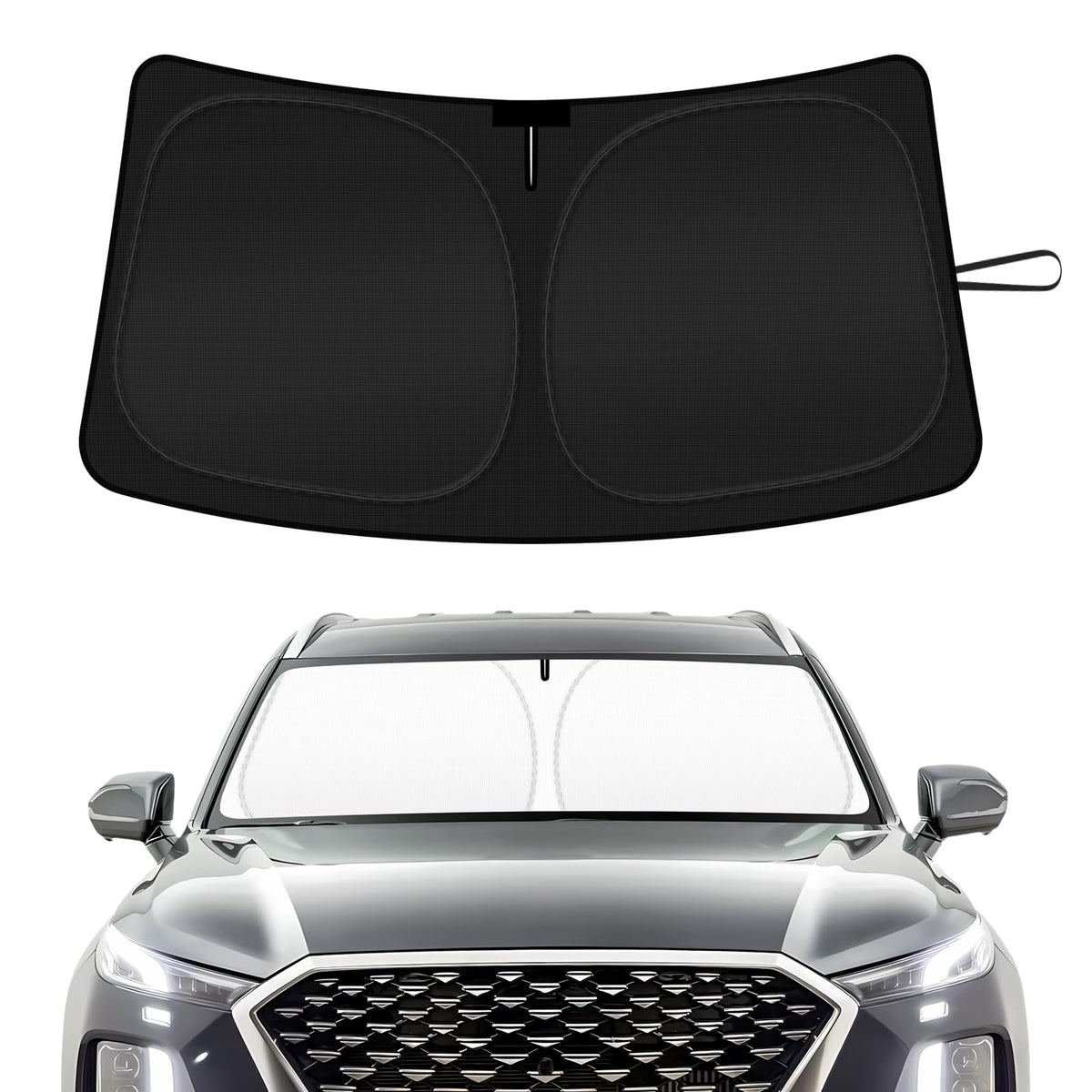 SHINEHOME front fit on Palisade windshield showing full coverage and cool cabin